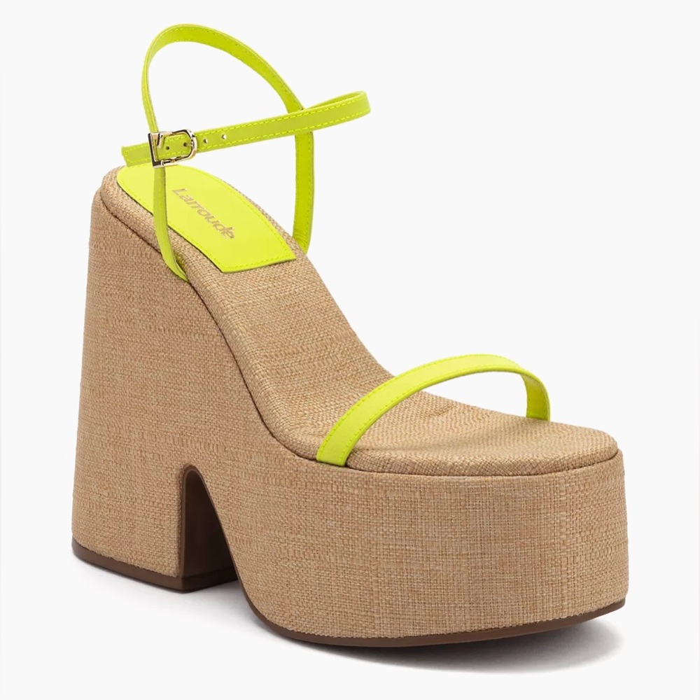 Larroude Satin Neon Yellow and Tan Platform Sandals / Size 9